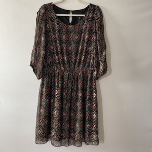 En Focus Women Shift Dress 3/4 Sleeve Geometric Black Multicolor Size 14W